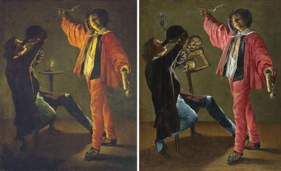 　　朱迪思·莱斯特 （Judith Leyster），最后一滴（ The Last Drop）（约1639年）处理前（左）和处理后