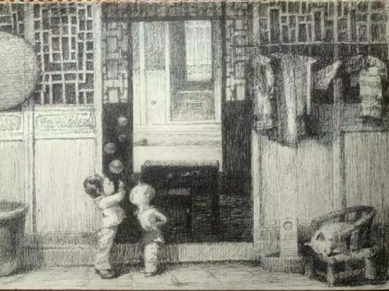 纸上钢笔:村梦之六(25×35)cm创作2013年11月