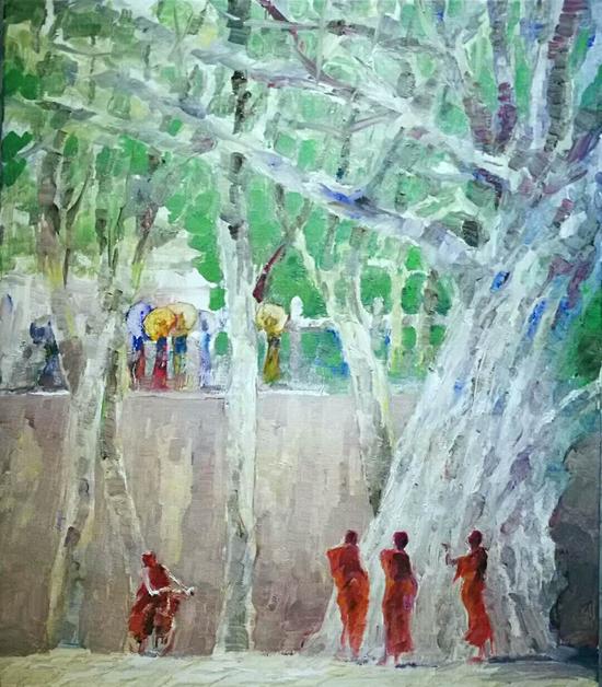 布面油画:僧人与香客(70×60)cm创作2017年10月