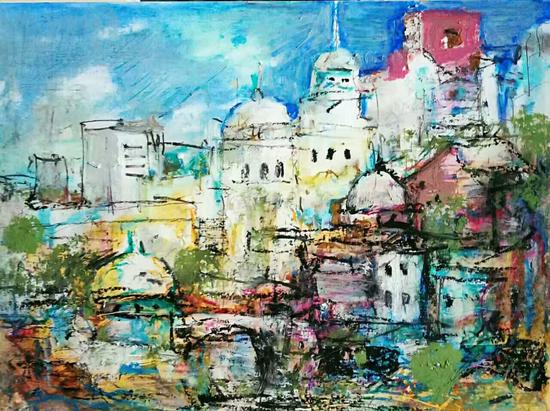 纸上油画棒:灿烂都市(30×40)cm创作2017年8月