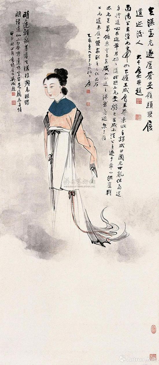 张大千 乙亥(1935)年作 乘云仙女 立轴 设色纸本 早期仕女图