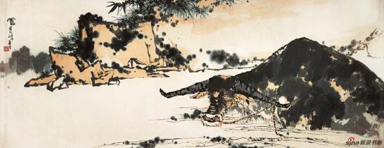 潘天寿 夏塘水牛图 中国画（指墨） 142.7×367cm 1960年代