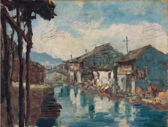 绍兴水巷 20世纪50年代 木板油画 23×30.5cm