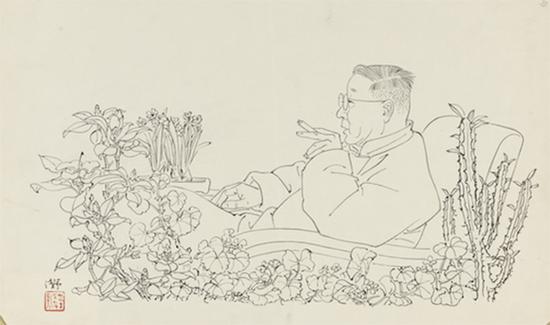 叶浅予,漫画文艺人物(老舍), 27 ×40cm,年代不详,中国美术馆藏