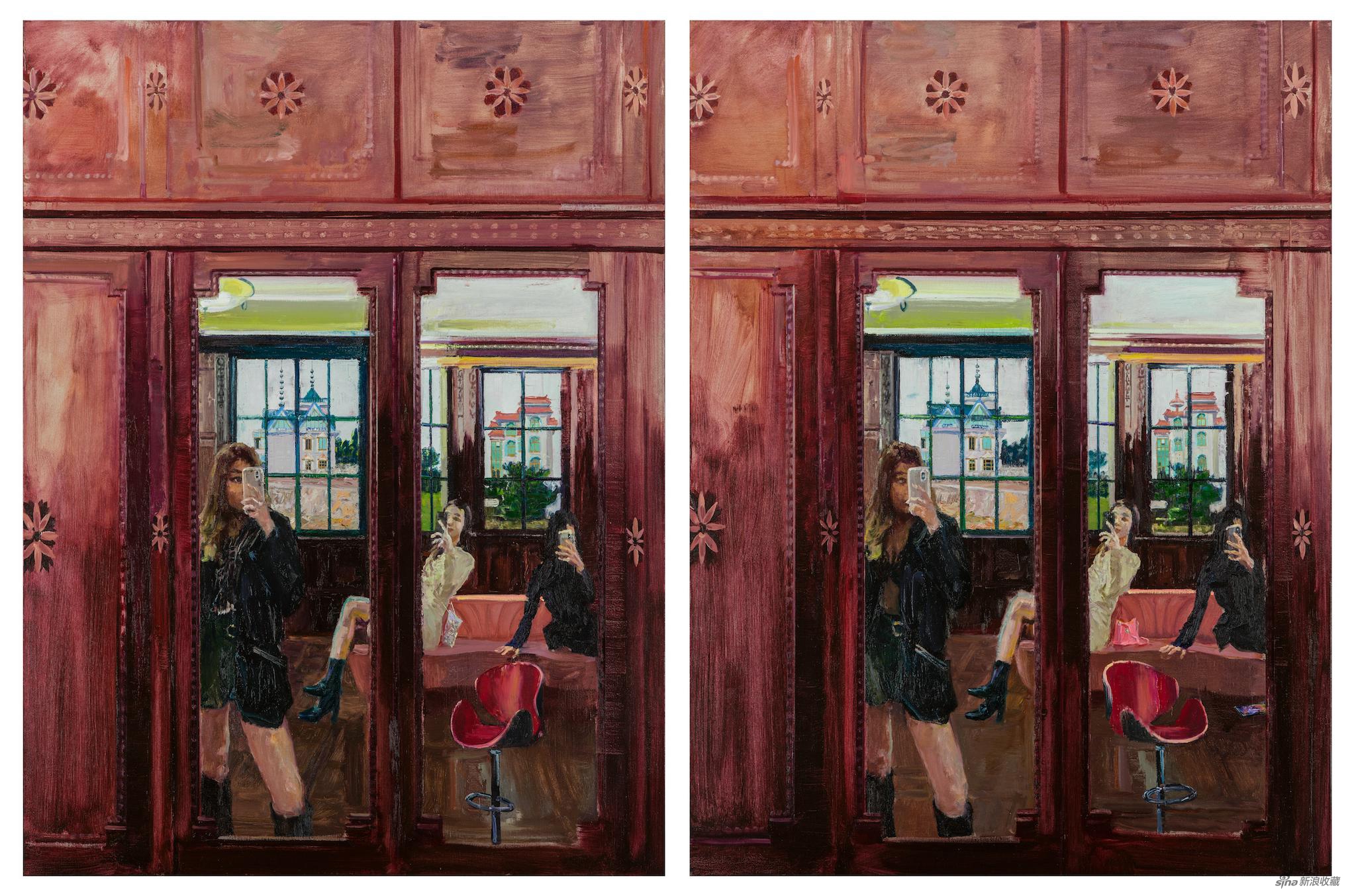 大家来找茬·后窗（两图有六处不同），布面油画，160 × 120 cm × 2，2019-2020