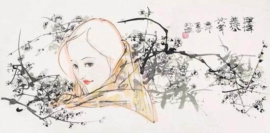 林墉  梅花少女  　　镜片  设色纸本 　　68×135cm