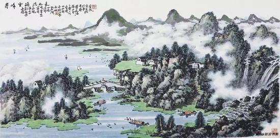 黄廷海奇峰云涌流水长 69x136cm