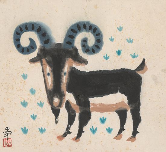 张正宇，羊，23×24.5，纸本彩墨，1960年代
