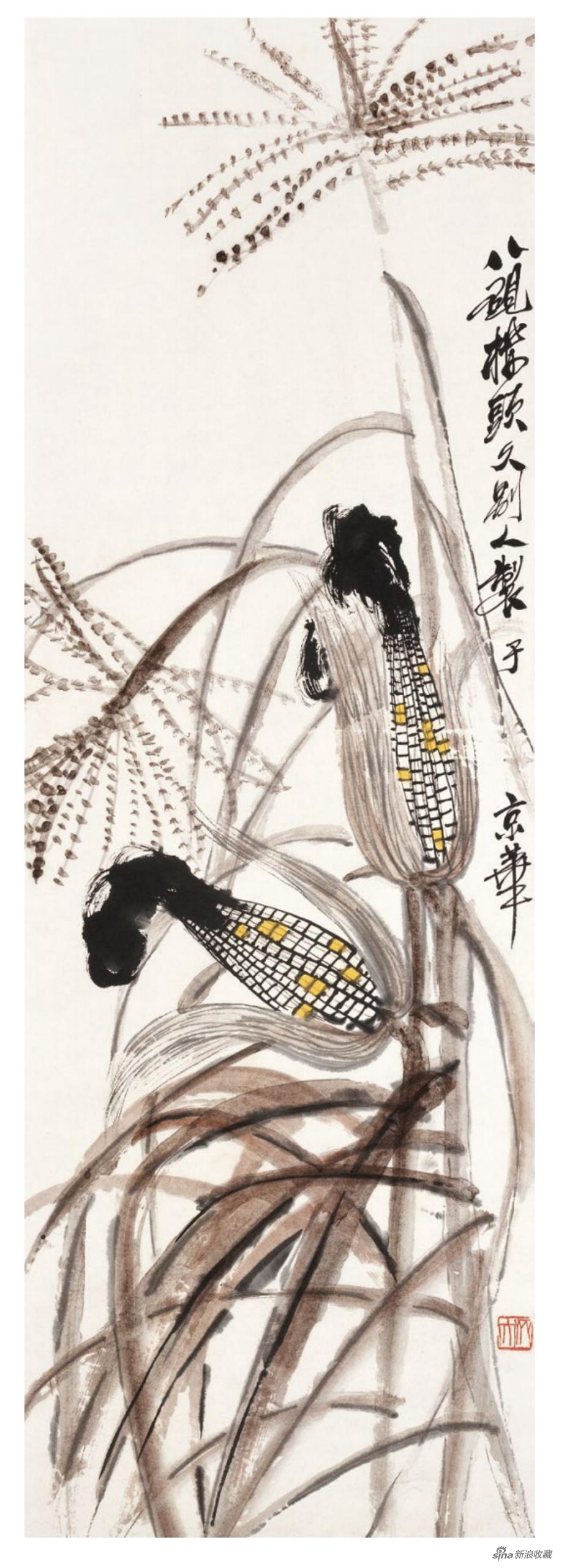 《玉米》 齐白石，设色纸本 立轴，102.5×34cm，约1937年