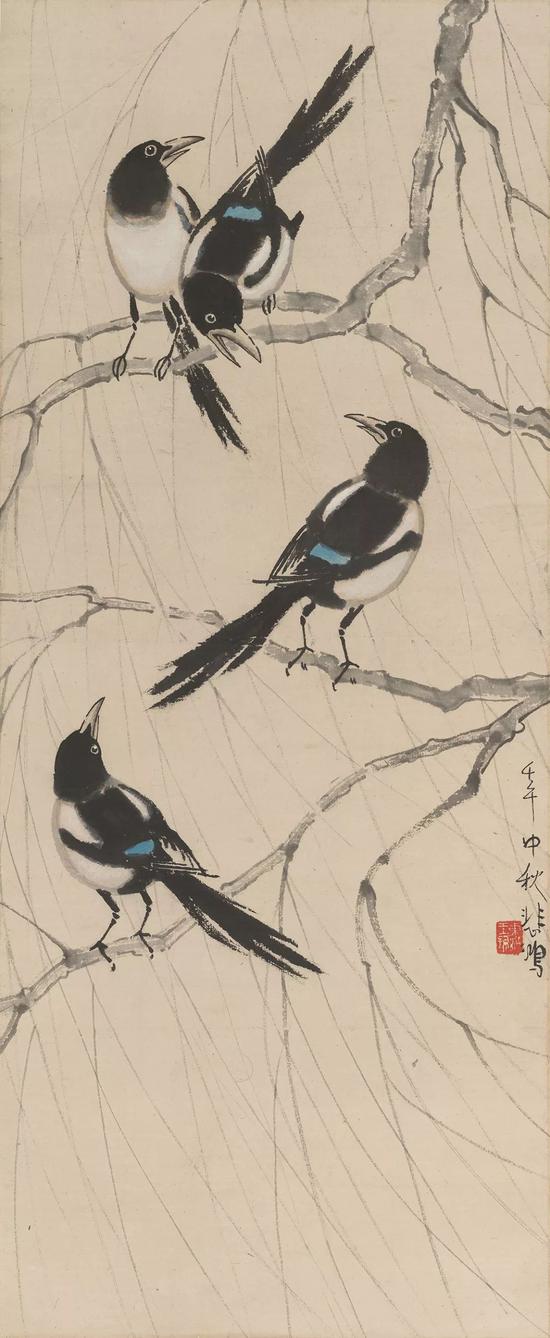 近现代  徐悲鸿(1895-1953)  四鹊图  立轴  设色纸本  88cmx36cm