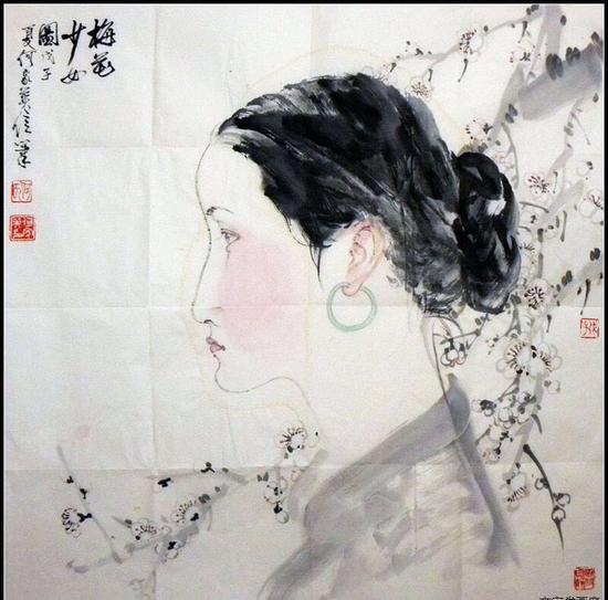 何家英-梅花少女-68x68cm 有合影