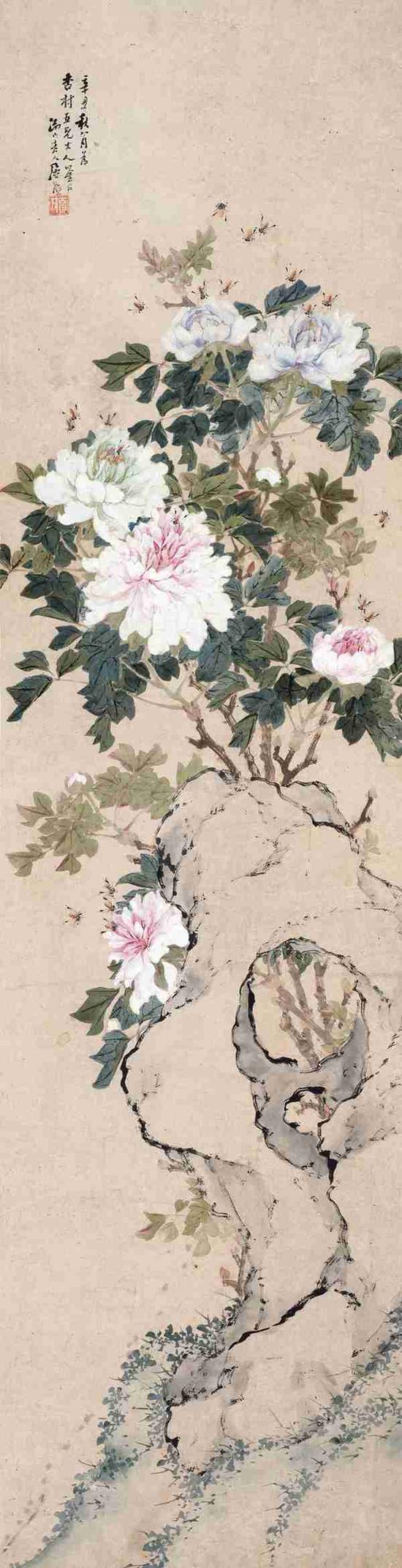 居廉 牡丹蜜蜂 设色纸本 立轴 128.5×33cm
