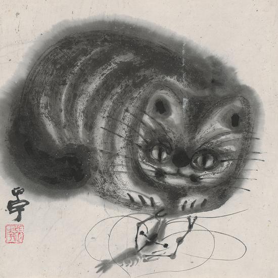 张正宇，猫，33.5X33.5cm，纸本彩墨