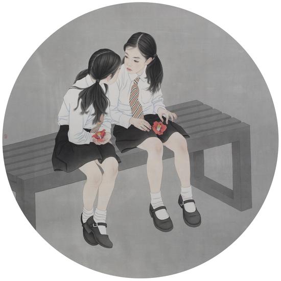 《姐妹》(重画,镜面)绢本设色 76×76 2017年