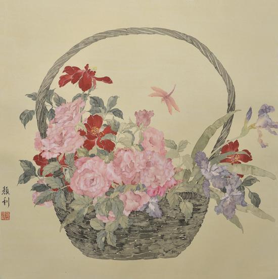 涂颜利，花篮花儿香，66X66cm，纸本设色，2017年