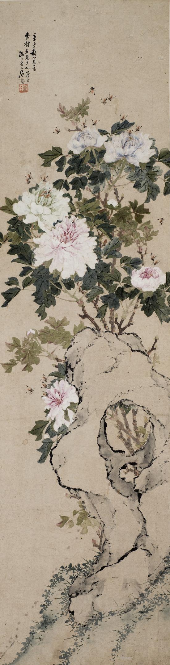 居廉 牡丹蜜蜂 　　设色纸本 立轴 　　128.5×33cm