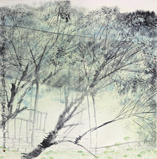 尹舒拉 《碧湖水阁一人家》 纸本水墨 138×138cm 1999年