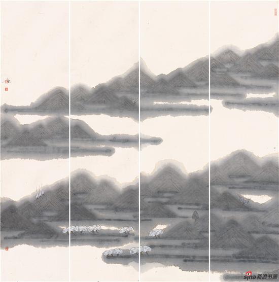 雨嶂烟峦翠欲流139×34cm×4·2018年