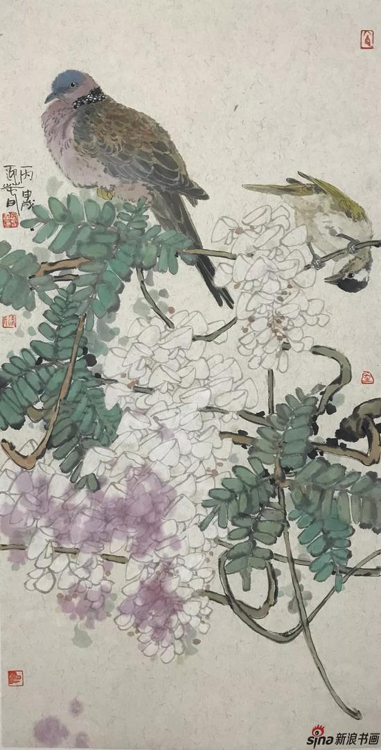 紫藤双栖  设色纸本  70×36cm