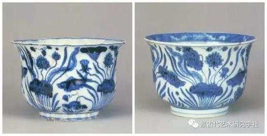 明 宣德 景德镇窑 青花海水鱼藻纹葵口金钟碗(左),青花海水鱼藻纹圆口金钟碗(右)景德镇陶瓷考古研究所