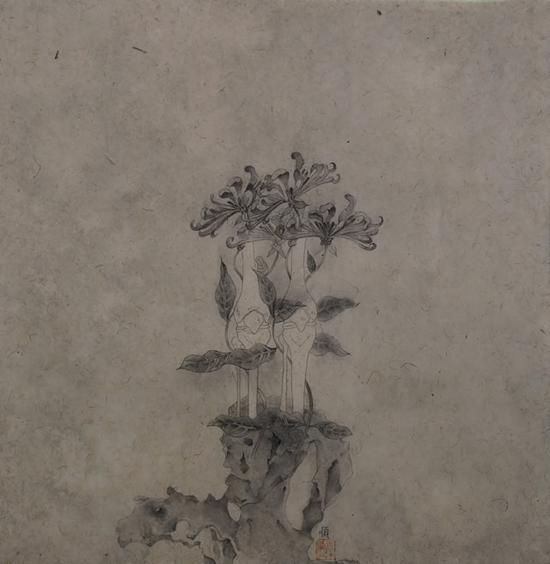 叶顺《相依  》本水墨，34x34cm，2016年