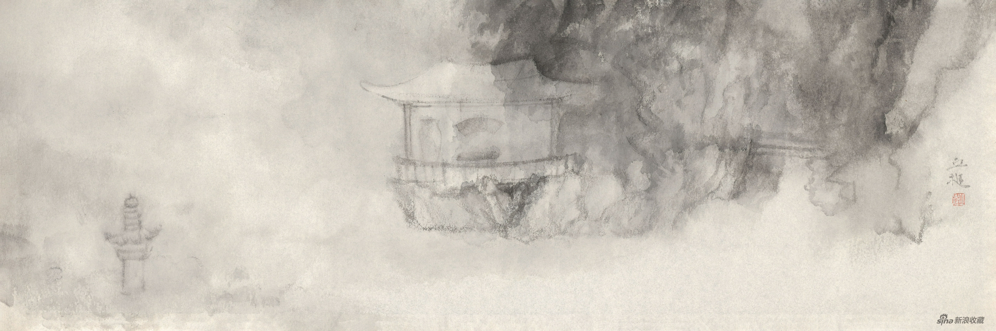 与谁同坐，纸本水墨，32.4x99.4cm，2021年