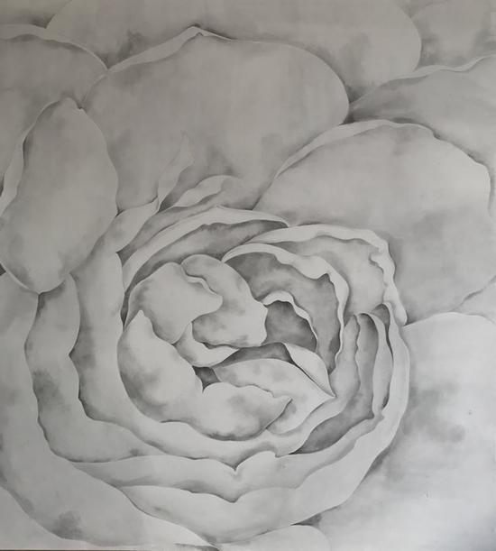 叶顺《山茶花16 》 纸本水墨60x55cm，2018年