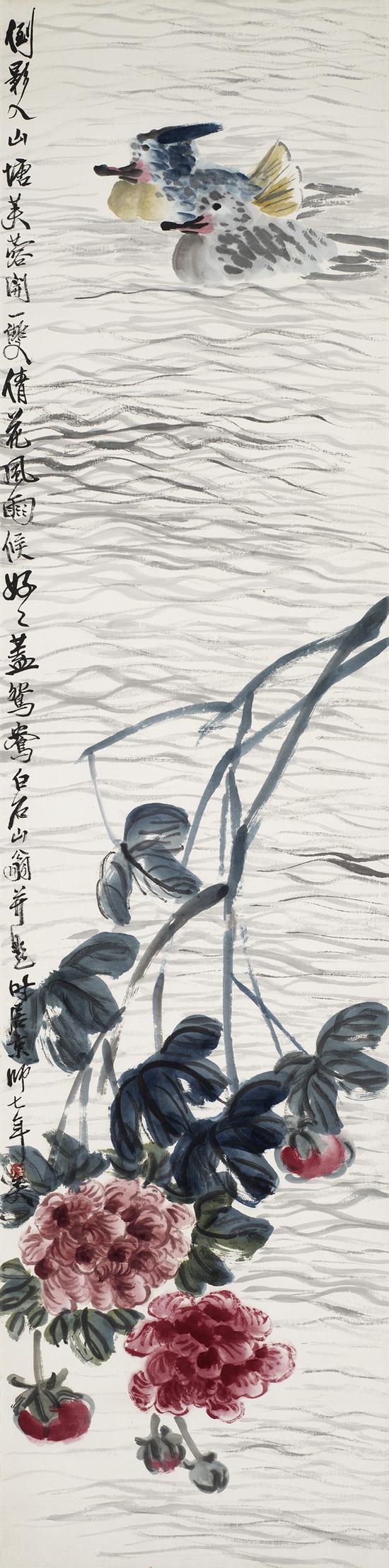 齐白石 芙蓉鸳鸯 　　设色纸本 立轴 　　137×34cm