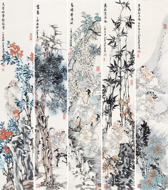 03 吴元奎 《人物山水图1-5》 纸本设色 142cm x 24cm x 5 2017年