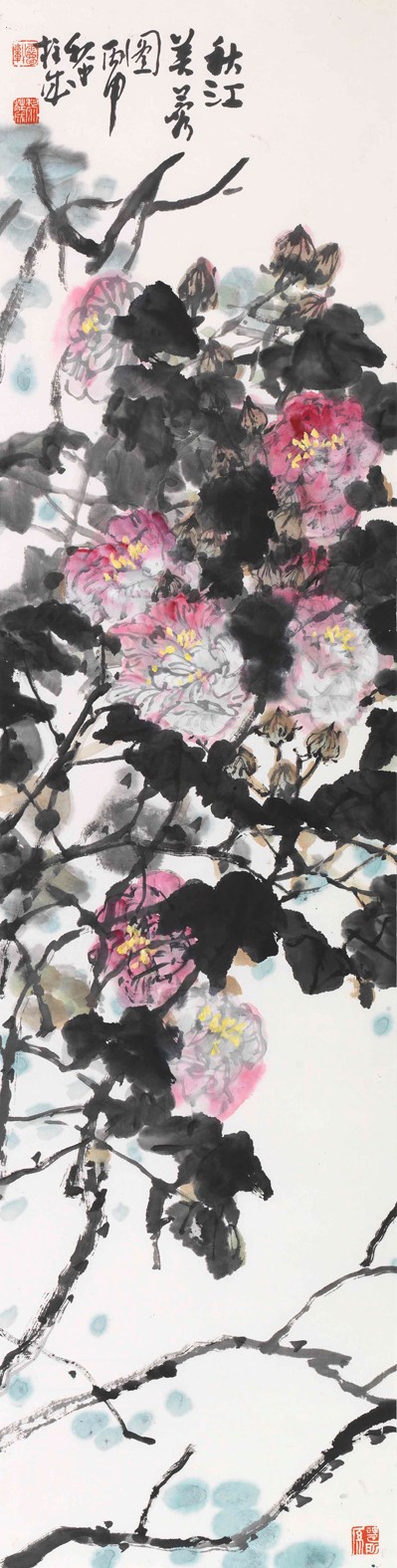 黎柱成《秋江芙蓉》136cm×34cm 纸本设色 2016年