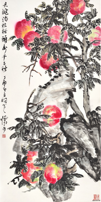 《天桃满枝桠 颐春千百秋》137×69cm 2017年