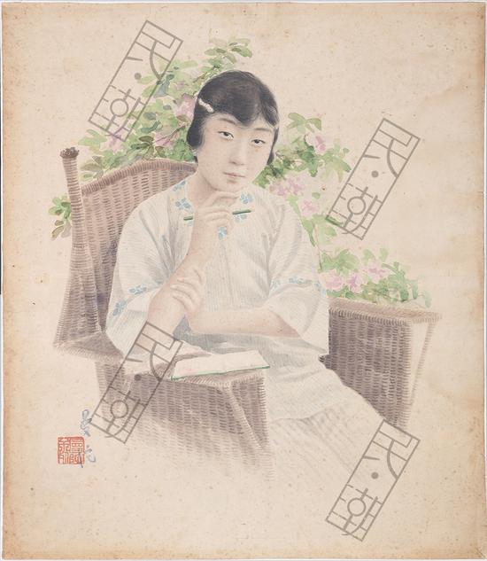 郑曼陀 1920s 纸上水彩 44cmx39cm 2