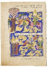先知穆罕默德遇见颂赞真主的天仙（上图） 穆罕默德遇见先知叶哈雅和宰凯里雅（下图）出自阿尔-萨拉伊《登宵之路》手抄本的插画页，为帖木儿统治者苏丹·阿布·萨伊德·古尔坎而作  赫拉特，阿富汗 帖木儿，公元1458-1469年，可能是1466年 纸，墨水，黄金，不透明颜料 高41厘米，宽29.7厘米