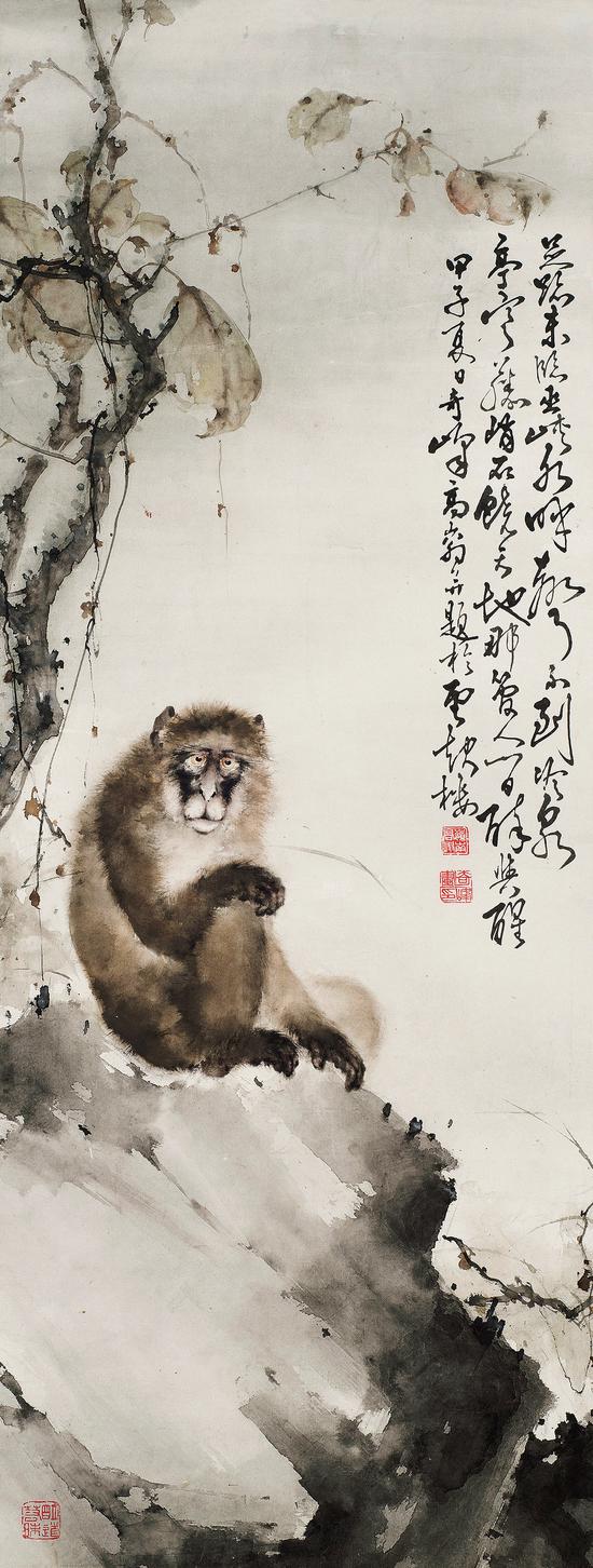 高奇峰 清猿图 　　立轴 设色纸本 　　1924年作 　　137×52 cm