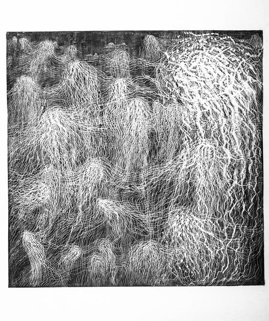 张雨曈 浮动（一）木刻油印版画 92x92cm 2014