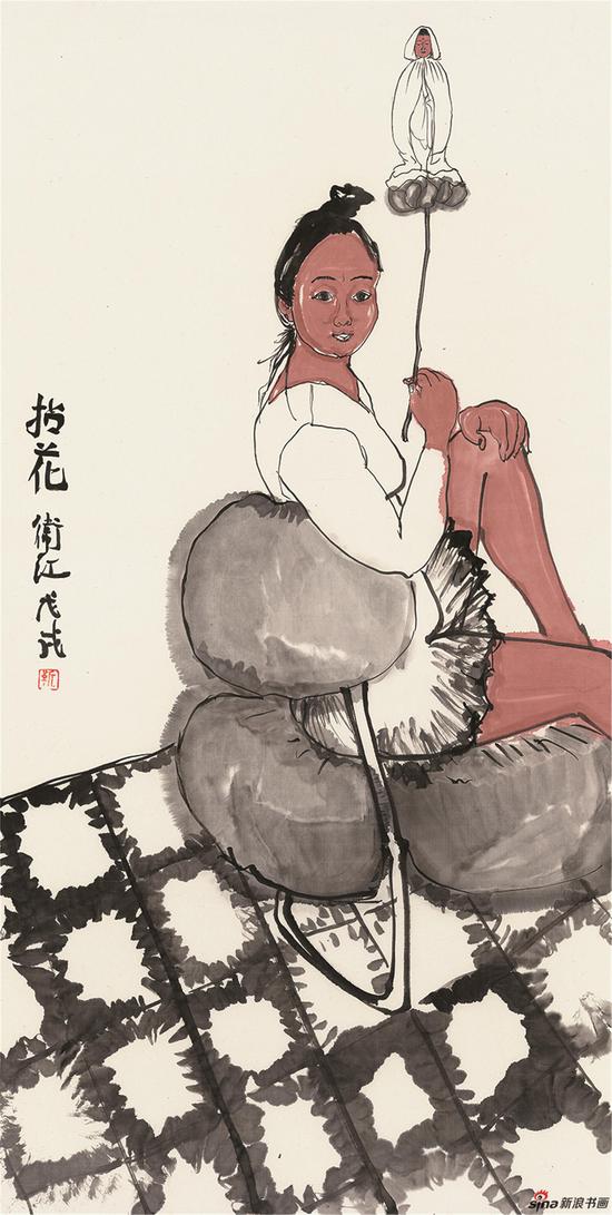 靳卫红《 《拈花》靳卫红 纸本水墨 69x137cm 2018年