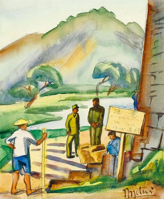 Lot.738 倪贻德 桥边 1943年 　　纸本水彩 23.5×19.5cm。 　　来源：直接征集自画家家属