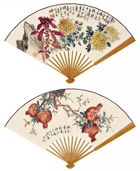 Lot 332 　　陈半丁（1876-1970） 雁来红菊花 　　王雪涛（1903-1982） 紫金碗中红玉珠 　　成扇 设色纸本 　　癸未（1943年）作