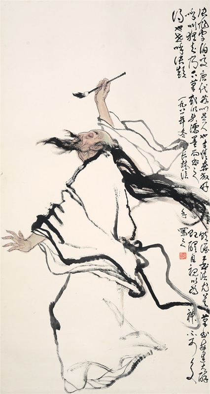 梁长林 张旭醉酒图182cm×97cm 1981年