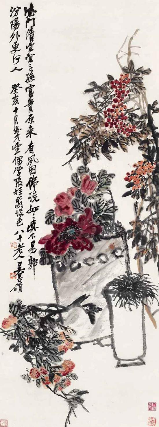 Lot101 吴昌硕（1844-1927） 　　富贵寿考 　　立轴 设色纸本 　　癸亥（1923年）作