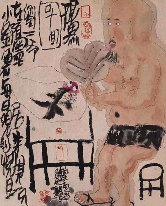 Lot.666 刘炜 《观鱼图》 1991年 纸本彩墨 32.3x26cm。