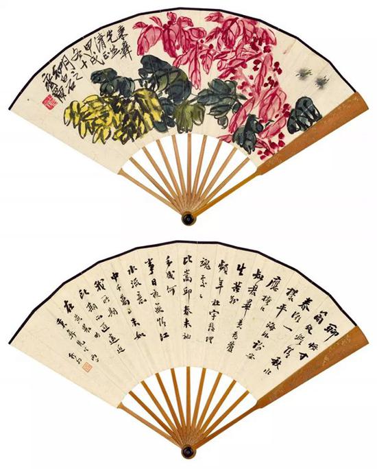 Lot 334 　　齐白石（1864-1957） 雁来红双蜂 　　徐 炯（1862-1936） 自作诗三首 　　成扇 设色发笺、水墨发笺