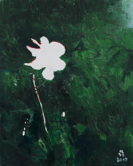 《绿背景的花》 50×40cm 布面油彩 2017