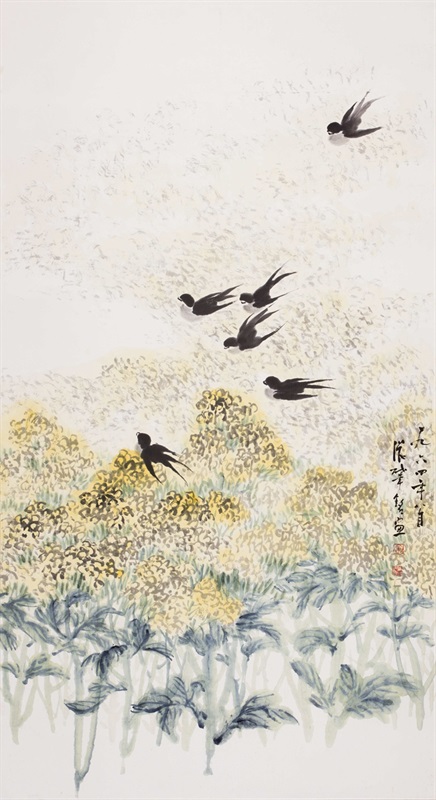 2。张肇铭《燕子油菜花》 中国画 150cm×82cm 1964年 湖北美术馆藏