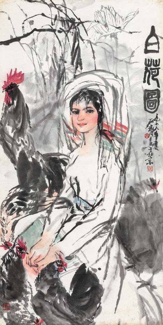 Lot 781 石齐(b.1939 白荷图 题识:白荷图。一九七八年夏,石齐画于北京。 钤印:石齐之玺、齐、石齐画 139×70 cm 约8.9平尺 RMB:80,000-120,000