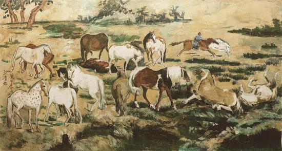 沙耆，春郊十七骏马图，84×156，布面油画，1990年