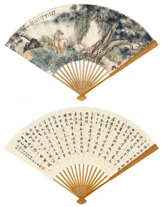 Lot 340 刘奎龄(1885-1967) 位列三公 王人文(1863-1939) 节录《渔洋诗话》 成扇 设色纸本