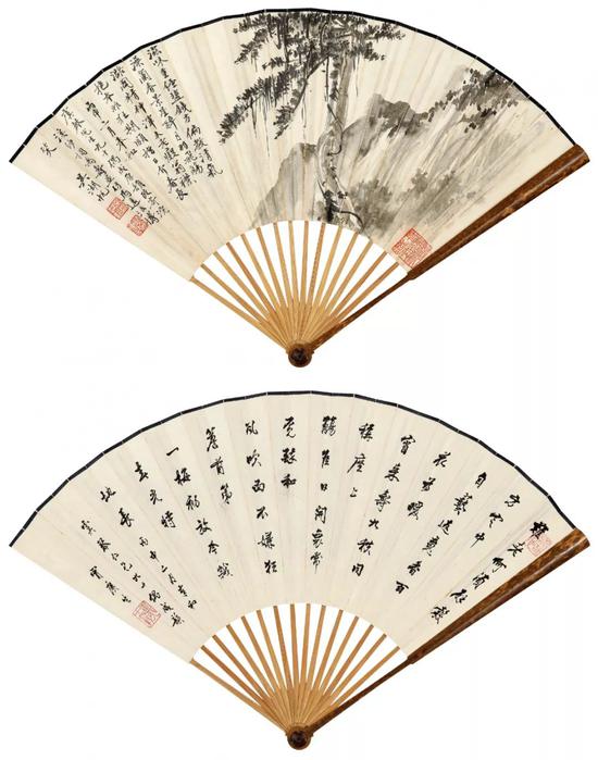 Lot423 吴湖帆（1894-1968） 如松之寿 　　冒广生（1873-1959） 自作诗《贺姚虞琴九十寿》 　　成扇 水墨纸本 　　丙申（1956年）作 　　正面： 滋味重经盐铁方，偏教清气澡兰香，景星醉月羽飞觞。潞国精神浑未老，痴翁襟抱本非狂，期颐指日介春长。丙申二月，奉和虞琴先生《九十偶成》原韵，改寄《浣溪纱》词为寿，并仿马远法博笑，吴湖帆。 　　钤印：吴湖帆印、倩盦画记、楼前芳草年年绿 　　背面： 难老何须辟穀方，定中自爇返魂香。百花为暖宵来寿，九秩同称座上觞。佳日开怀常觅醉，和风吹面不嫌狂。檐前第一梅初放，今岁春光特地长。丙申二月，奉和虞琴仁兄《九十偶成》韵，冒广生。 　　钤印：鹤亭八十四翁、美哉寿也 　　18.9×49 cm。 约0.84平尺