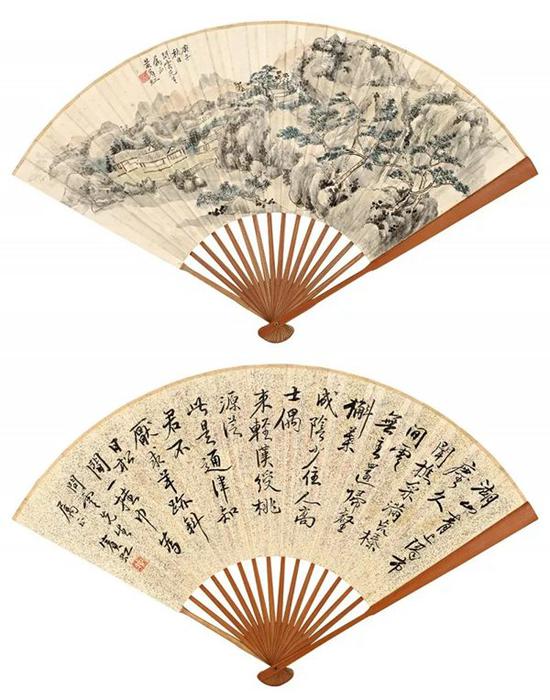 *Lot376 黄宾虹 书画合璧扇 　　成扇 设色纸本、水墨洒金笺 　　庚午（1930年）作