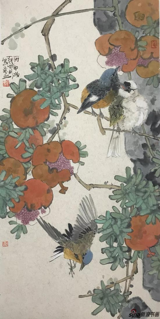 石榴小鸟 设色纸本 70×36cm